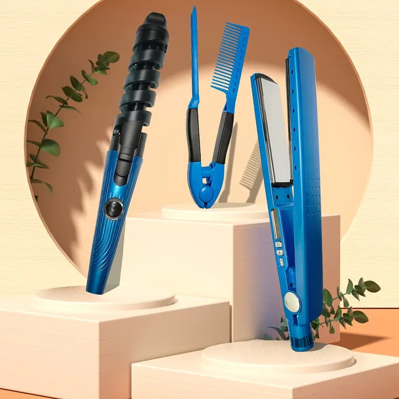 3-in-1 Combo Nano Titanium Flat Iron + Comb + Curling Iron