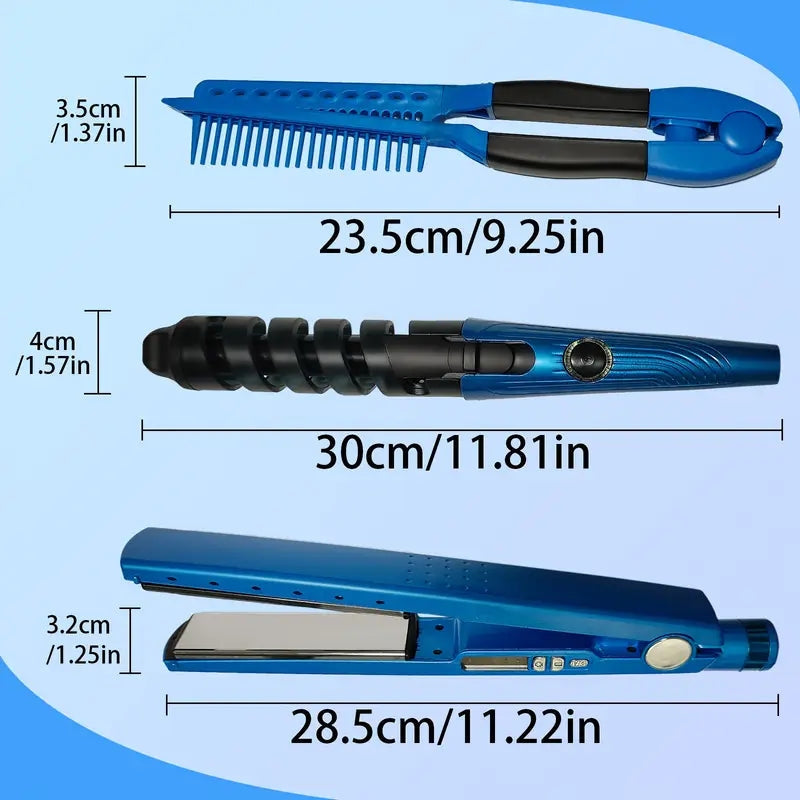 3-in-1 Combo Nano Titanium Flat Iron + Comb + Curling Iron 