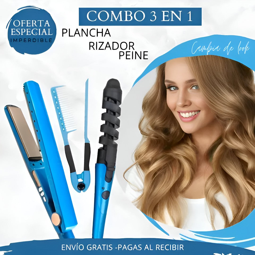 3-in-1 Combo Nano Titanium Flat Iron + Comb + Curling Iron 