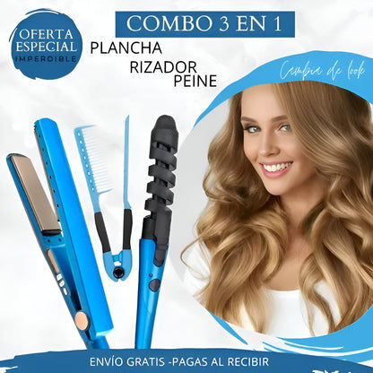 3-in-1 Combo Nano Titanium Flat Iron + Comb + Curling Iron 